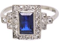 Art Deco 18ct White Gold & Platinum, Sapphire & Diamond Rectangular Ring