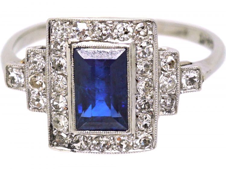 Art Deco 18ct White Gold & Platinum, Sapphire & Diamond Rectangular Ring
