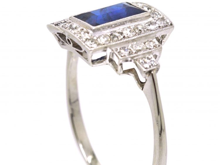 Art Deco 18ct White Gold & Platinum, Sapphire & Diamond Rectangular Ring