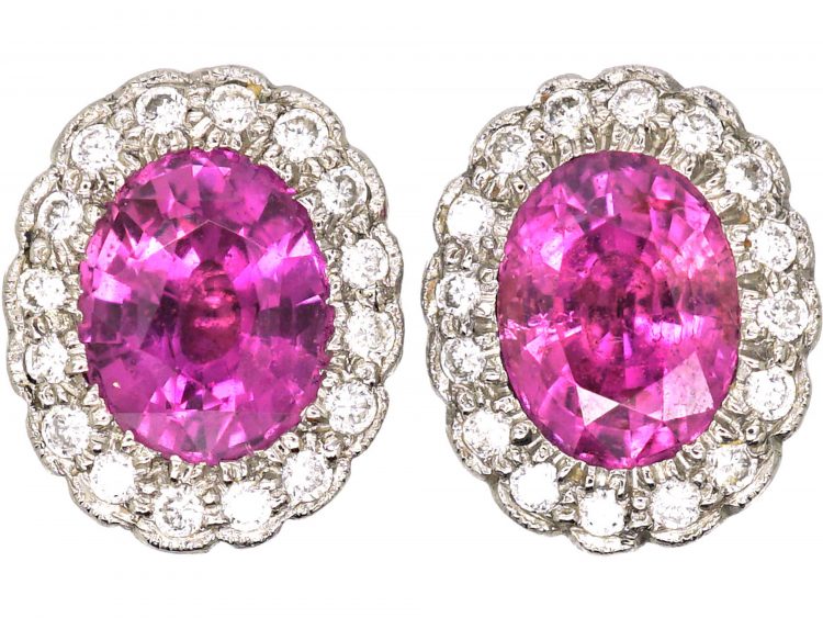 18ct White Gold Pink Sapphire & Diamond Oval Cluster Earrings