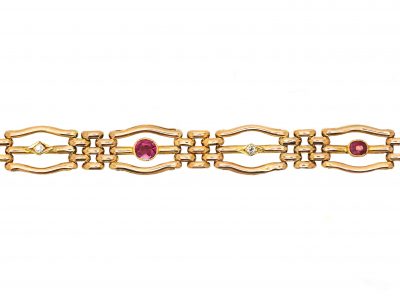 Edwardian 18ct Gold Ruby & Diamond Cluster Ring with Diamond set Shoulders