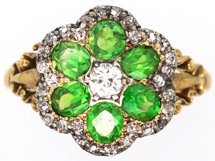 Edwardian 18ct Gold Green Garnet & Diamond Cluster Ring