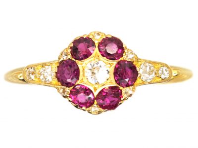Edwardian 18ct Gold Ruby & Diamond Cluster Ring with Diamond set Shoulders