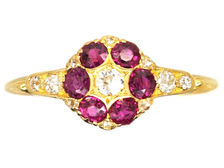 Edwardian 18ct Gold Ruby & Diamond Cluster Ring with Diamond set Shoulders