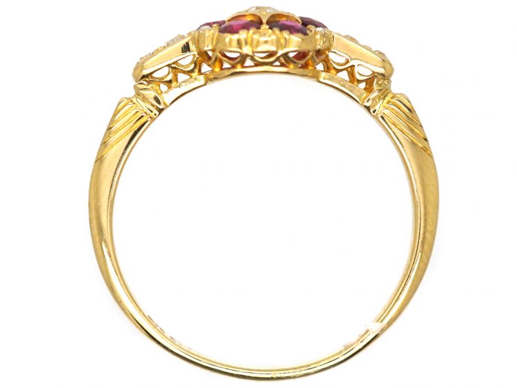 Edwardian 18ct Gold Ruby & Diamond Cluster Ring with Diamond set Shoulders