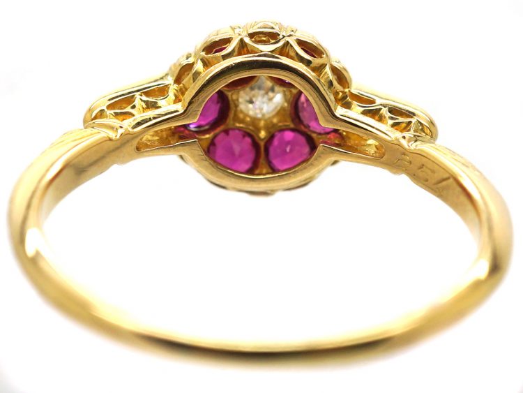 Edwardian 18ct Gold Ruby & Diamond Cluster Ring with Diamond set Shoulders
