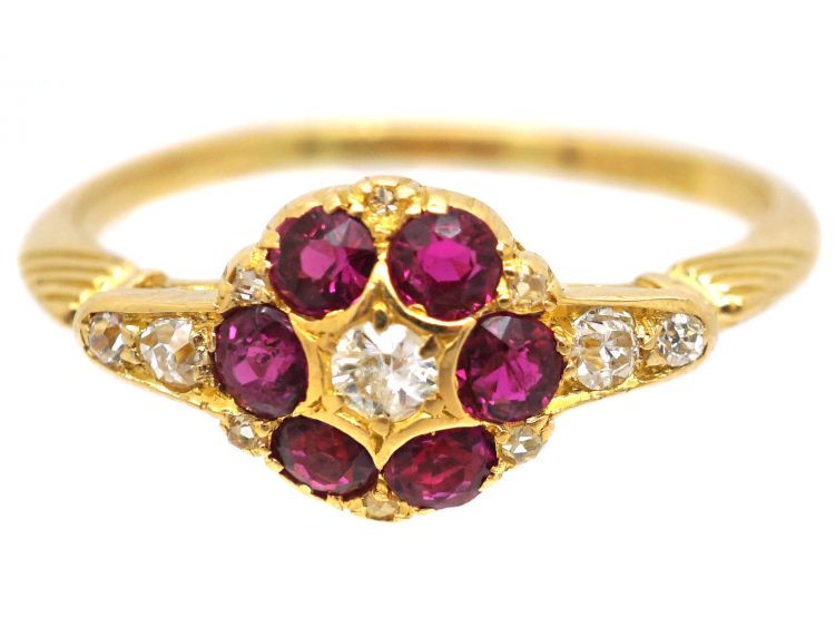 Edwardian 18ct Gold Ruby & Diamond Cluster Ring with Diamond set Shoulders