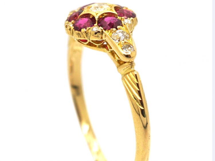 Edwardian 18ct Gold Ruby & Diamond Cluster Ring with Diamond set Shoulders