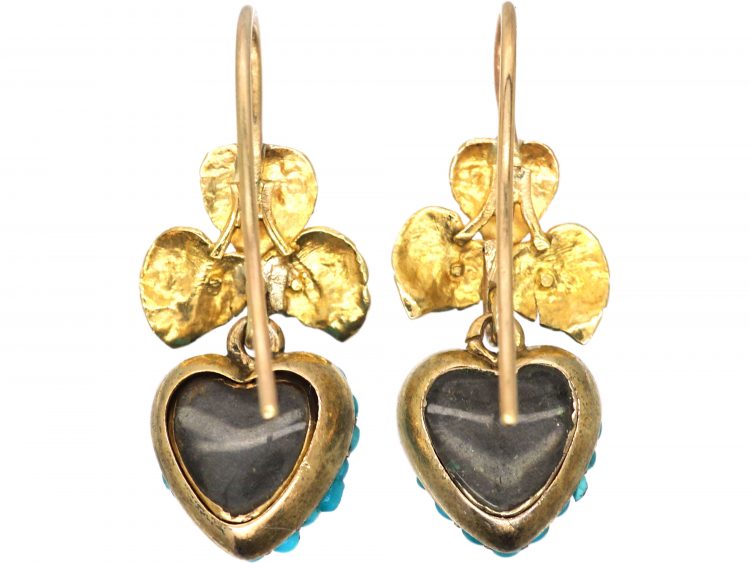 Victorian 15ct Gold Drop Earrings with Hearts set with Turquoise