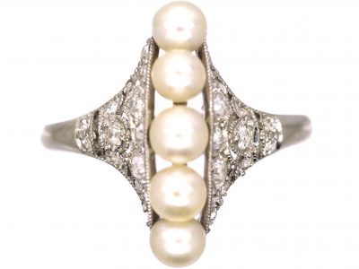 Edwardian Platinum Natural Pearl & Diamond Fan Ring