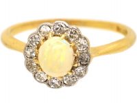 Edwardian 18ct Gold & Platinum, Opal & Diamond Cluster Ring