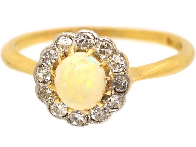 Edwardian 18ct Gold & Platinum, Opal & Diamond Cluster Ring