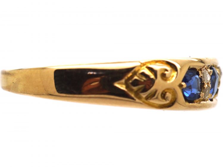 Victorian 18ct Gold Sapphire Three Stone Ring with Rose Diamonds In Between