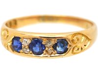 Victorian 18ct Gold Sapphire Three Stone Ring with Rose Diamonds In Between