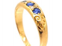Victorian 18ct Gold Sapphire Three Stone Ring with Rose Diamonds In Between
