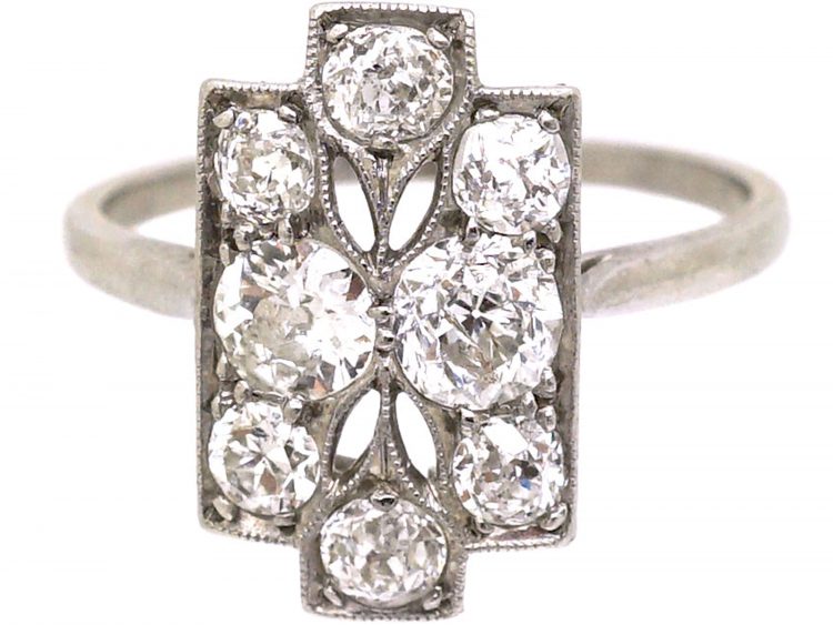 Art Deco Platinum Pierced Rectangular Shaped Ring set with Diamonds