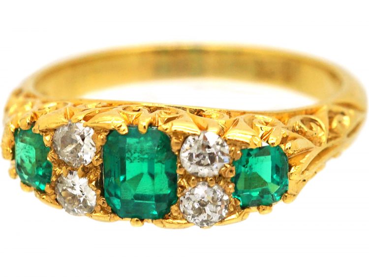 Edwardian 18ct Gold Three Stone Emerald & Diamond Carved Half Hoop Ring