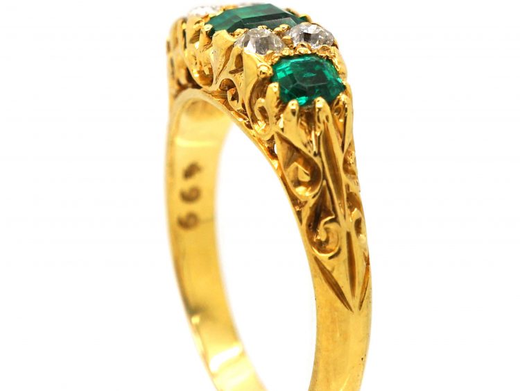 Edwardian 18ct Gold Three Stone Emerald & Diamond Carved Half Hoop Ring