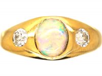 Victorian 18ct Gold, Opal & Diamond Three Stone Rub Over Ring