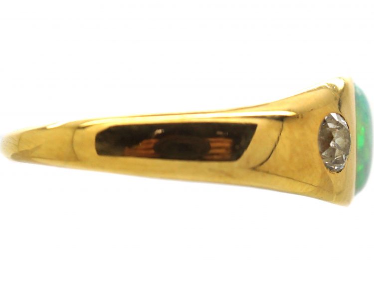 Victorian 18ct Gold, Opal & Diamond Three Stone Rub Over Ring
