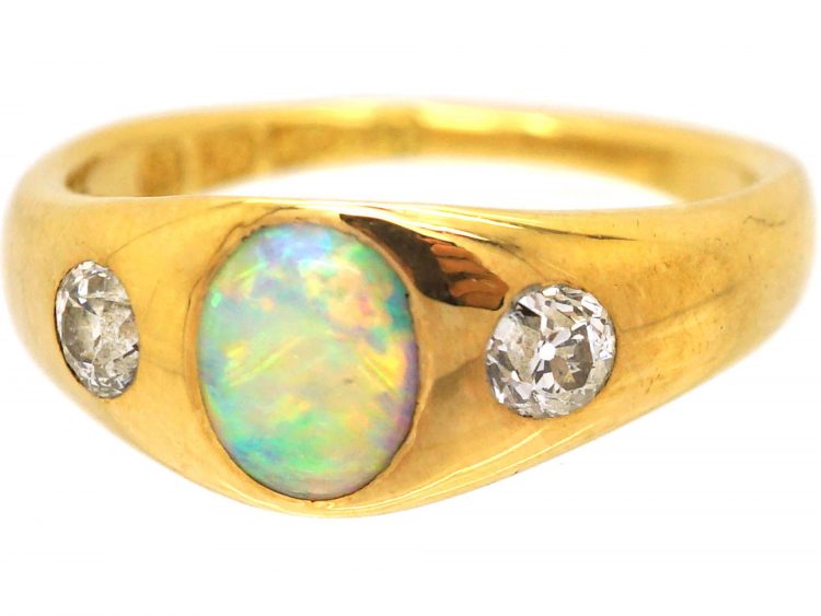 Victorian 18ct Gold, Opal & Diamond Three Stone Rub Over Ring