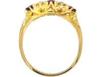 Edwardian 18ct Gold, Three Stone Ruby & Diamond Carved Half Hoop Ring