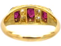 Edwardian 18ct Gold, Three Stone Ruby & Diamond Carved Half Hoop Ring