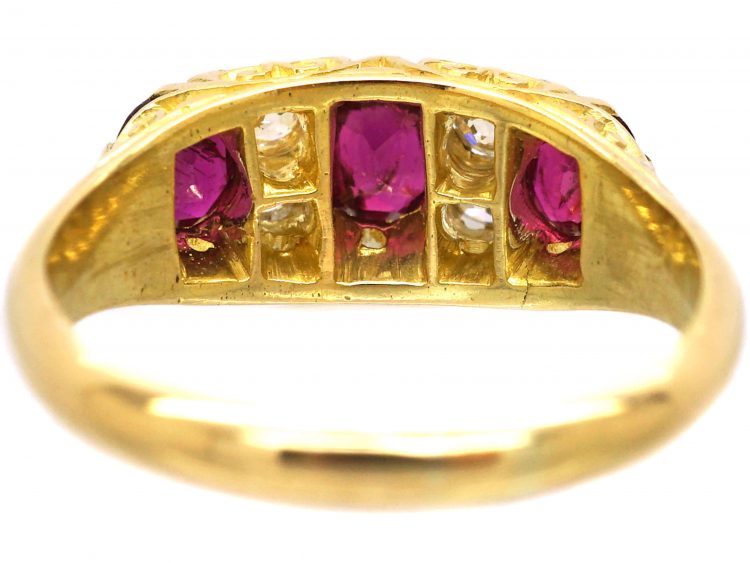 Edwardian 18ct Gold, Three Stone Ruby & Diamond Carved Half Hoop Ring