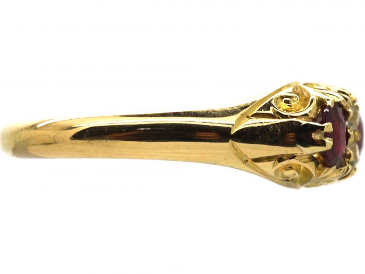 Edwardian 18ct Gold, Three Stone Ruby & Diamond Carved Half Hoop Ring
