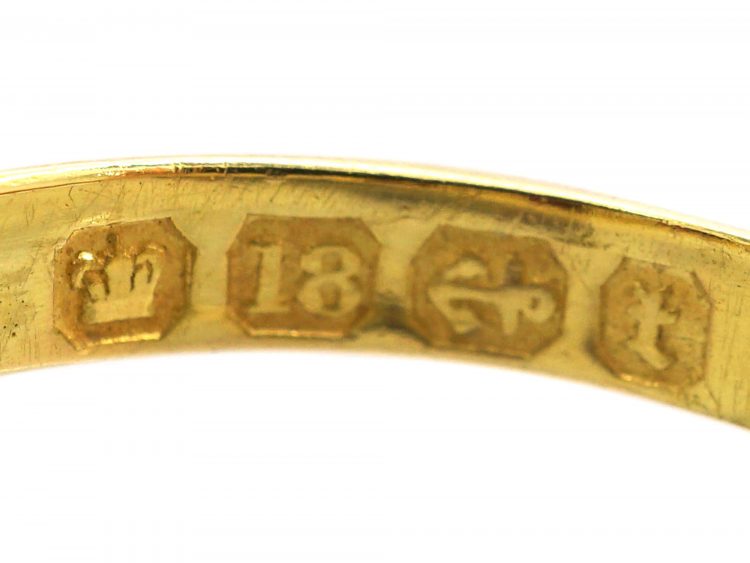 Edwardian 18ct Gold, Three Stone Ruby & Diamond Carved Half Hoop Ring