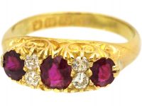 Edwardian 18ct Gold, Three Stone Ruby & Diamond Carved Half Hoop Ring