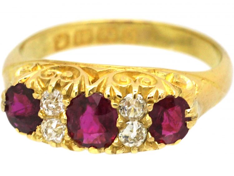 Edwardian 18ct Gold, Three Stone Ruby & Diamond Carved Half Hoop Ring
