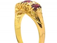 Edwardian 18ct Gold, Three Stone Ruby & Diamond Carved Half Hoop Ring