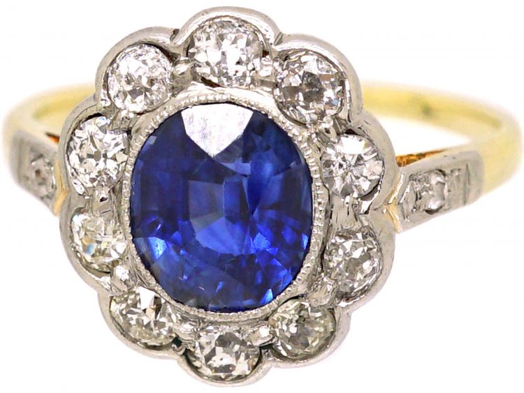 Edwardian 18ct Gold & Platinum, Sapphire & Diamond Oval Cluster Ring