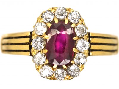 Edwardian 18ct Gold, Ruby & Diamond Oval Cluster Ring with Ribbed Shoulders