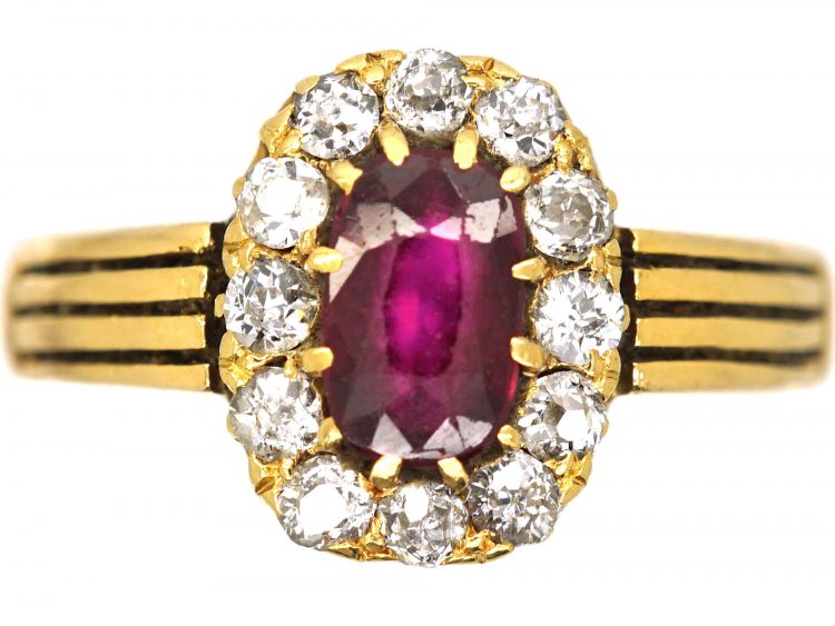 Edwardian 18ct Gold, Ruby & Diamond Oval Cluster Ring with Ribbed Shoulders