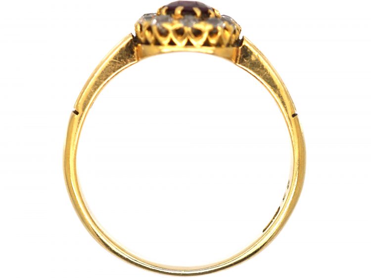 Edwardian 18ct Gold, Ruby & Diamond Oval Cluster Ring with Ribbed Shoulders