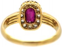 Edwardian 18ct Gold, Ruby & Diamond Oval Cluster Ring with Ribbed Shoulders