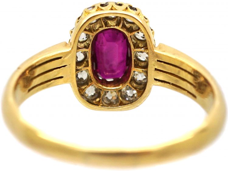 Edwardian 18ct Gold, Ruby & Diamond Oval Cluster Ring with Ribbed Shoulders