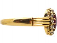 Edwardian 18ct Gold, Ruby & Diamond Oval Cluster Ring with Ribbed Shoulders