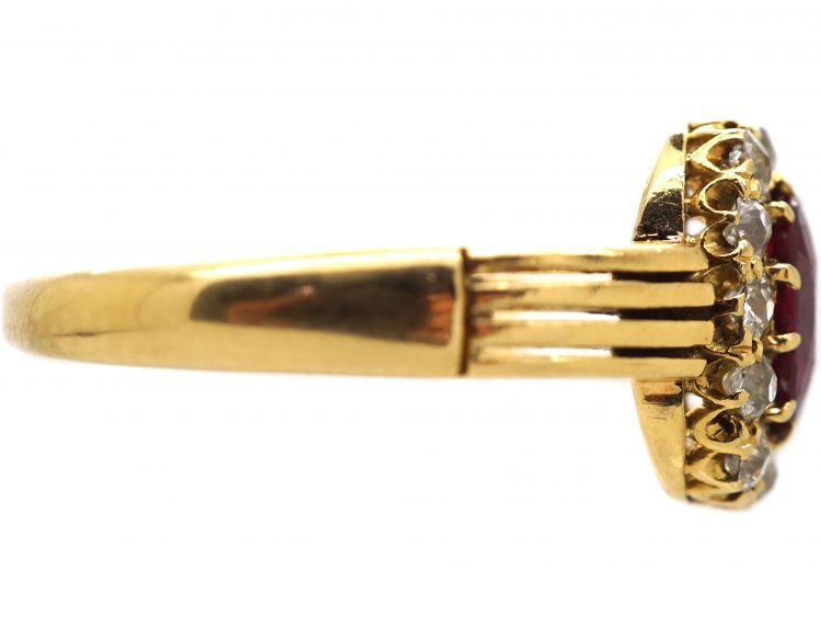 Edwardian 18ct Gold, Ruby & Diamond Oval Cluster Ring with Ribbed Shoulders