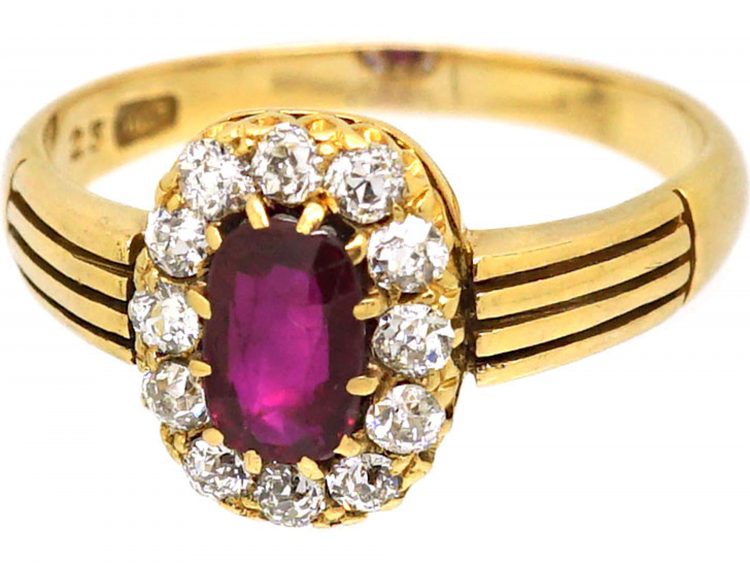 Edwardian 18ct Gold, Ruby & Diamond Oval Cluster Ring with Ribbed Shoulders