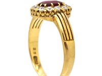 Edwardian 18ct Gold, Ruby & Diamond Oval Cluster Ring with Ribbed Shoulders
