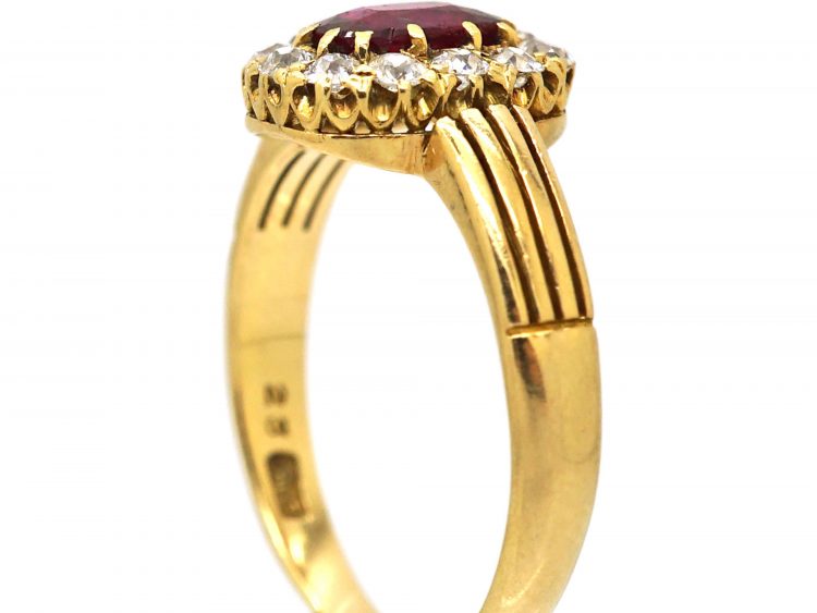 Edwardian 18ct Gold, Ruby & Diamond Oval Cluster Ring with Ribbed Shoulders