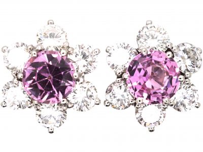 18ct White Gold, Pink Topaz & Diamond Cluster Earrings