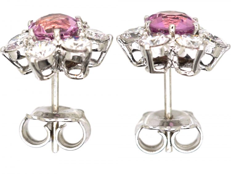 18ct White Gold, Pink Topaz & Diamond Cluster Earrings