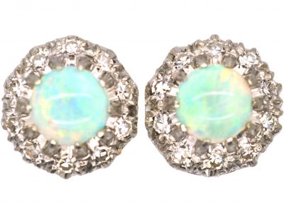 Vintage 18ct White Gold, Opal & Diamond Cluster Earrings