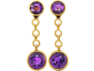 Edwardian 15ct Gold, Amethyst & Natural Split Pearl Drop Earrings