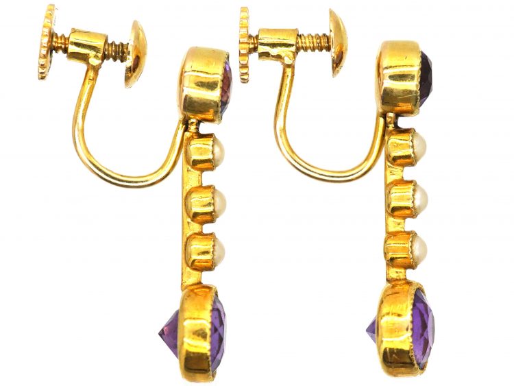 Edwardian 15ct Gold, Amethyst & Natural Split Pearl Drop Earrings