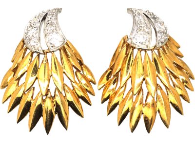 Vintage French 18ct Gold & Platinum Feather Earrings set with Diamonds